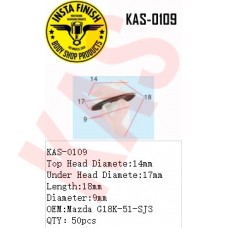 Insta Finish Blck Clip for Mazda, Top Head Diamete:14mm      Under Head Diamete:17mm Length:18mm Diameter:9mm OEM:Mazda G18K-51-SJ3 QTY：50pcs, KAS-0109